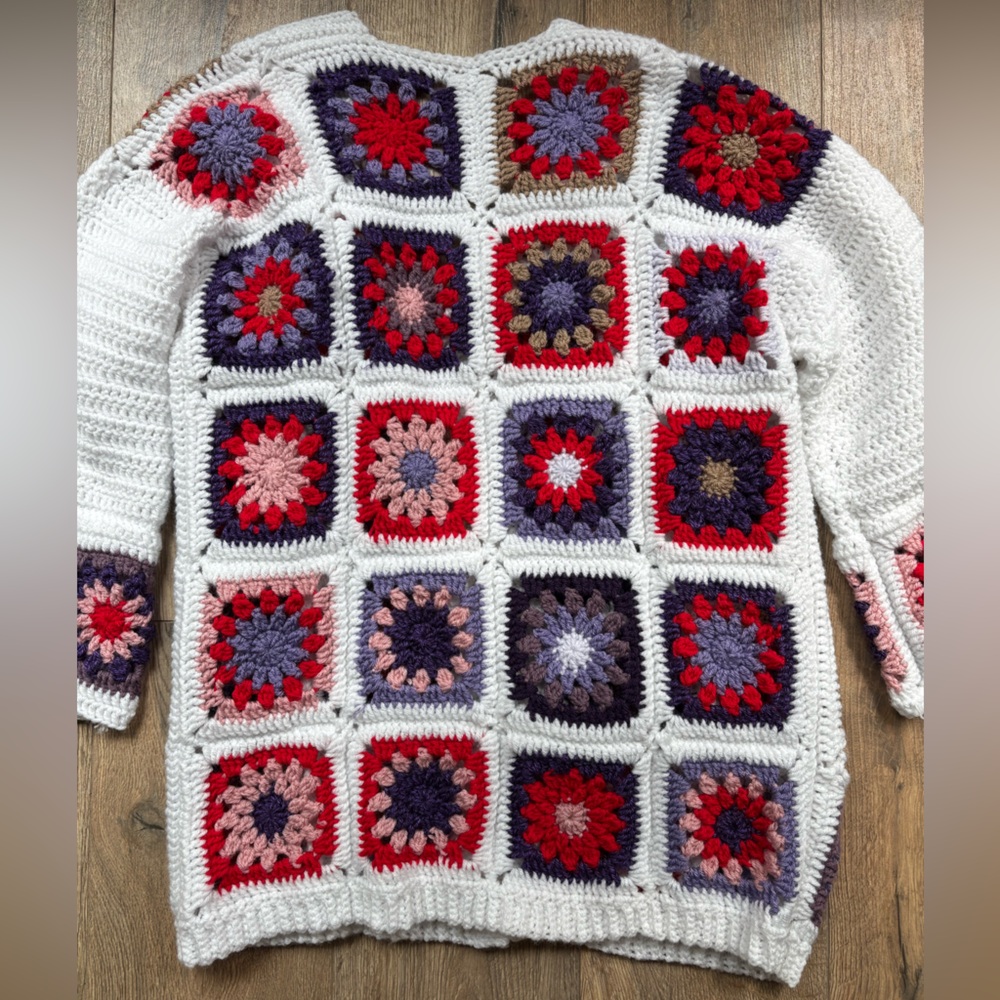 Crochet Granny Square Knit Oversized Cardigan Sweater Bode Inspired Medium/Large - Picture 3 of 16
